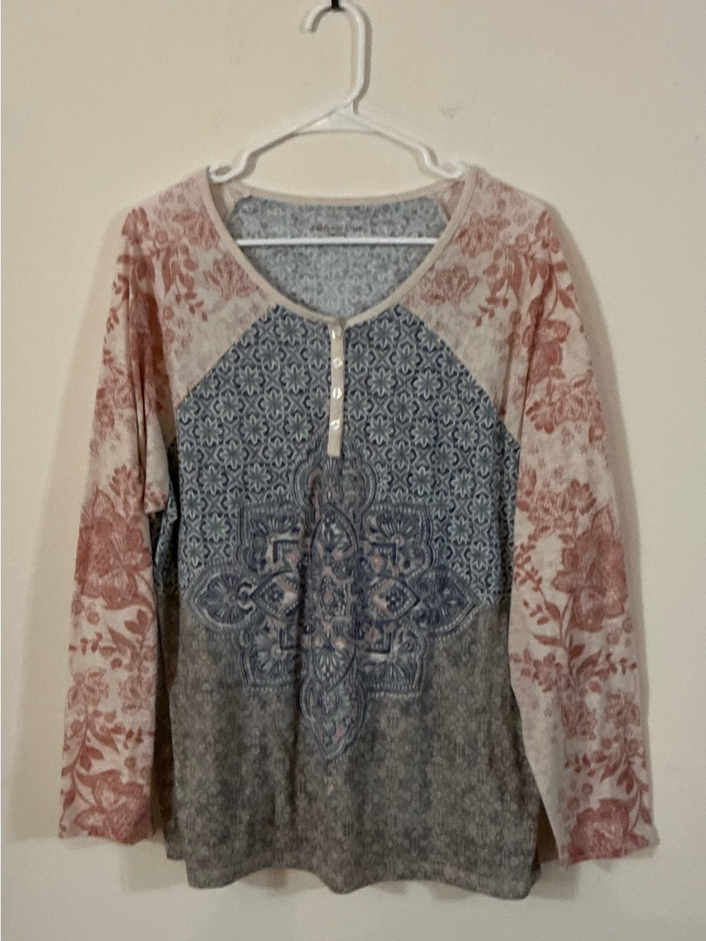 Women's Long Sleeve Patterned Henley Top - Blue & Rose - Coldwater Creek- XL